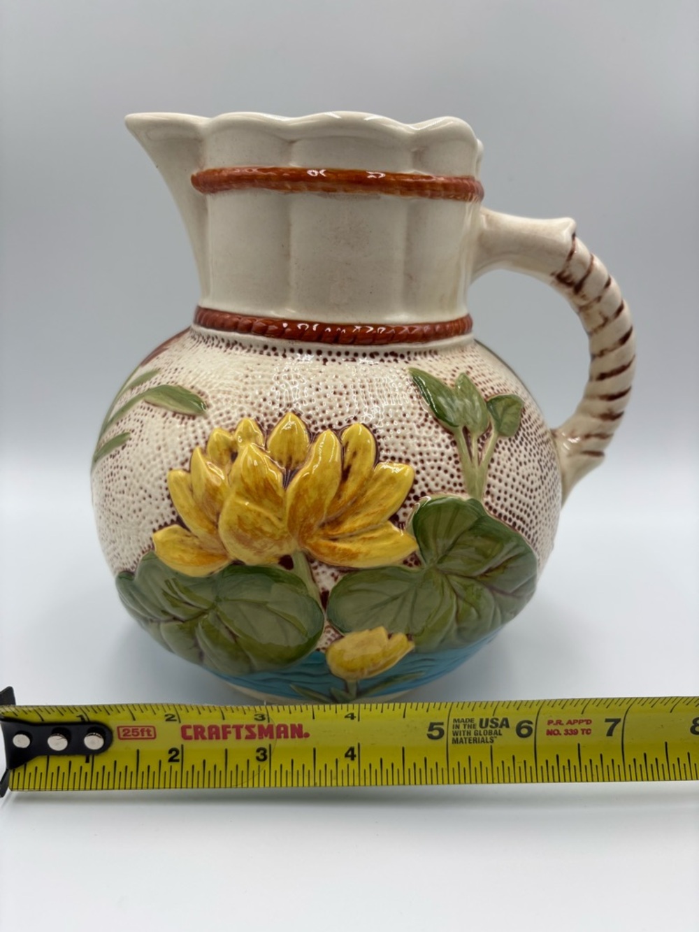 Samuel Lear Pond Lily & Rope Pattern Majolica Pitcher Rope Handle Reproduction - Picture 5 of 7